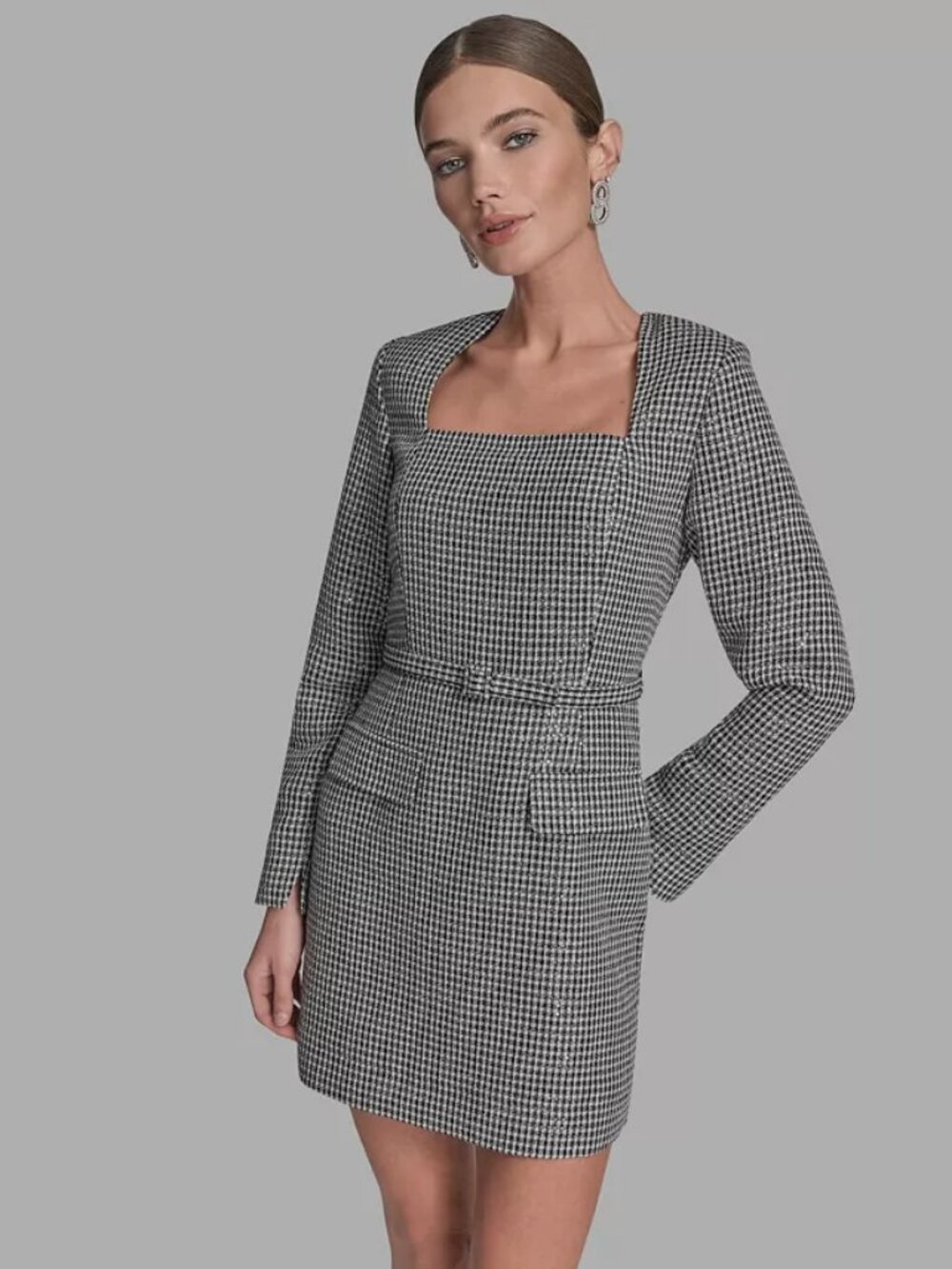 ☀️ BCBG Sequin Square Neck Tweed Houndstooth Sheath Dress 10 NWT